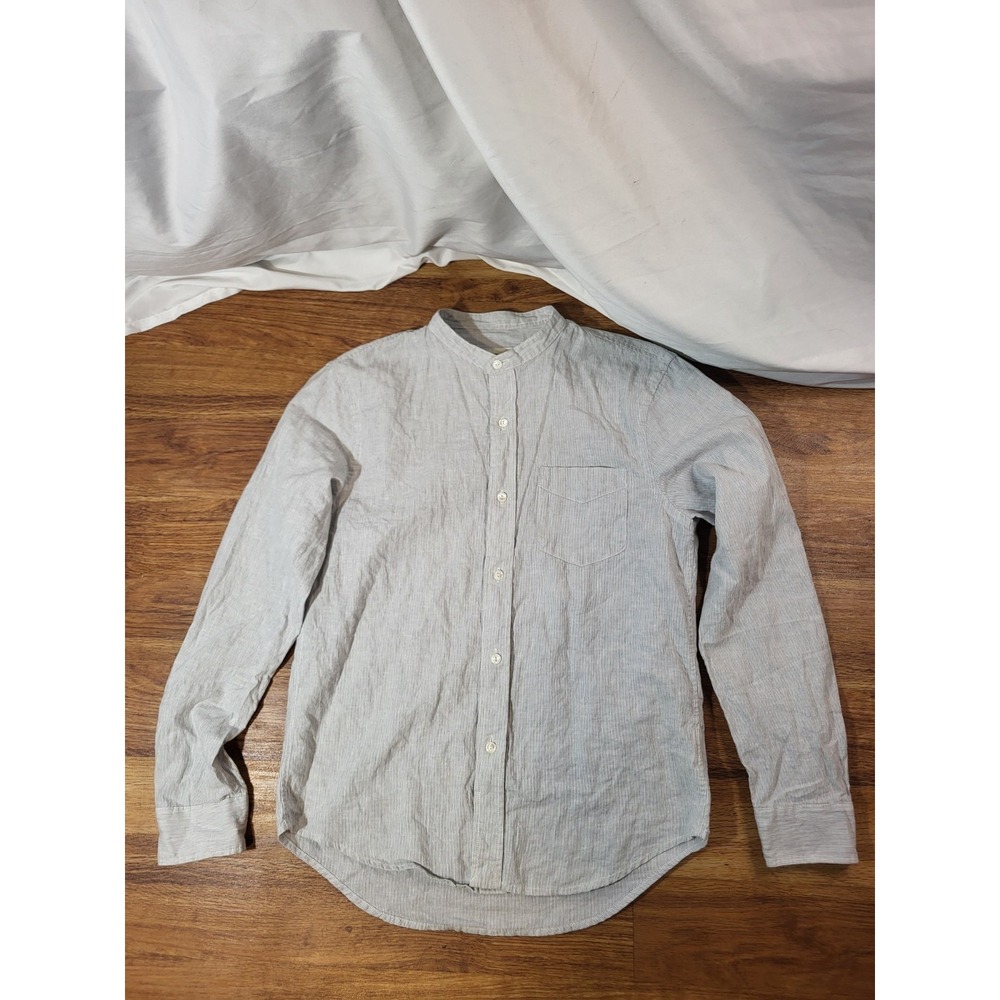 Buck Mason Men's Small Linen Cotton Banded Collar Shirt Blue White Stripe